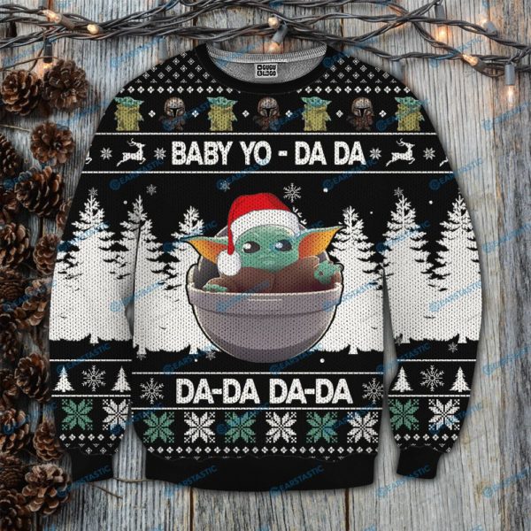 Star wars baby yoda da da da full printing ugly christmas sweater 1 600x600px Star Wars Baby Yoda Da Da Da 3D Christmas Sweatshirt