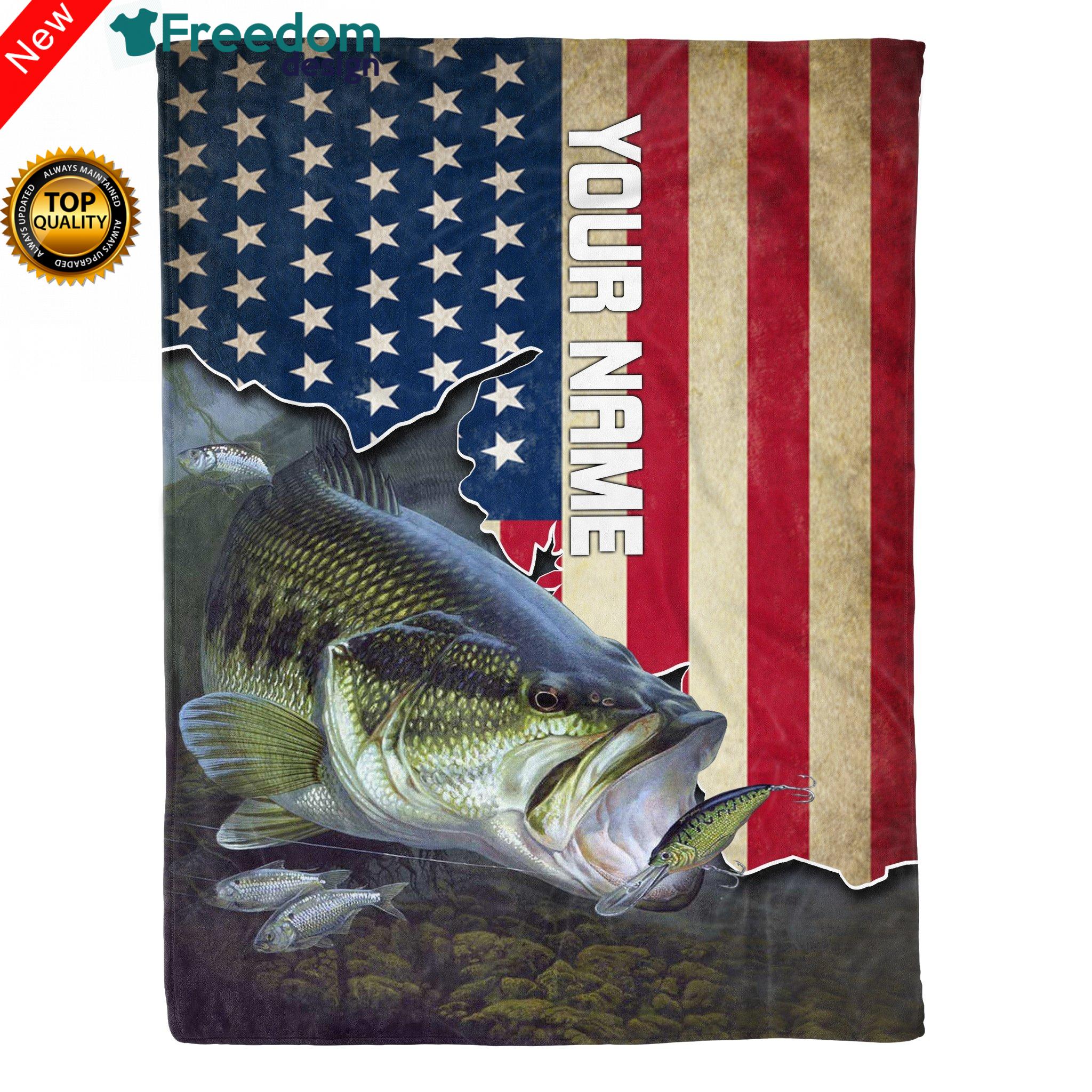 Largemouth Bass Fishing Vintage American Flag Customized name Fleece  Blanket - Birthday, Christmas, Halloween patriot Fishing gift