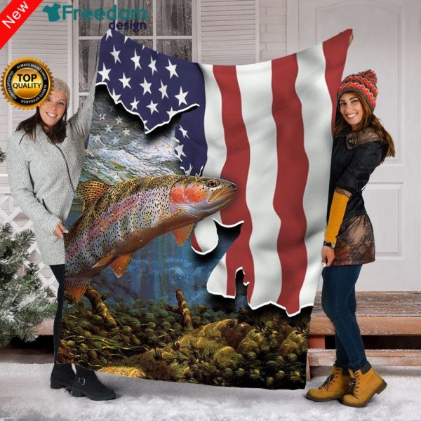 Rainbow Trout (Steelhead) Fishing D Flying American Flag Patriot Throw  Fleece Blanket fishing gift for men, women and kid