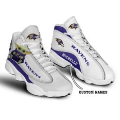 Baby Yoda Hug Baltimore Ravens Personalized Name Air Jordan 13 Shoes - Women's Air Jordan 13 - White