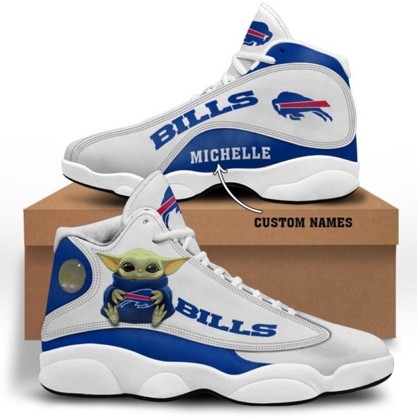 Baby Yoda Hug Buffalo Bills Personalized Name Air Jordan 13 Shoes - Men's Air Jordan 13 - White
