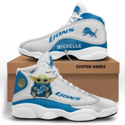 Baby Yoda Hug Detroit Lions Personalized Name Air Jordan 13 Shoes - Men's Air Jordan 13 - White