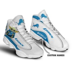 Baby Yoda Hug Detroit Lions Personalized Name Air Jordan 13 Shoes - Women's Air Jordan 13 - White
