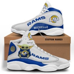 Baby Yoda Hug Los Angeles Rams Personalized Name Air Jordan 13 Shoes - Men's Air Jordan 13 - White