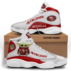 Baby Yoda Hug San Francisco 49ers Personalized Name Air Jordan 13 Shoes - Men's Air Jordan 13 - White