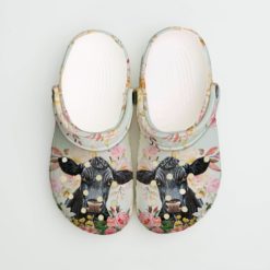 Black Cow And Roses Flowers Clog - Clog Shoes - Pink