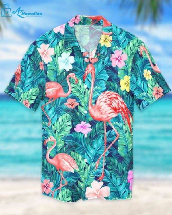 Flamingo And Tropical Leaves Hawaiian Shirt - Short-Sleeve Hawaiian Shirt - White