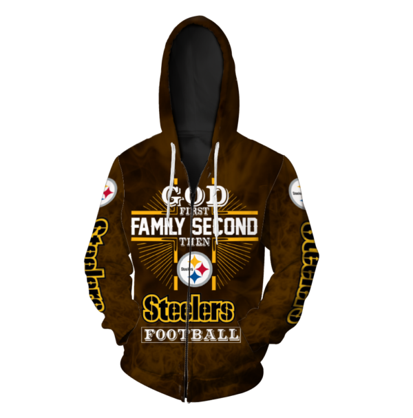 God First Family Second Then Pittsburgh Steelers 3D Shirt - 3D Zip Hoodie - Brown