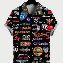 Mens Rock and Roll Punk Print Pocket Lapel Casual Loose Short Sleeve Hawaiian Shirt - Short-Sleeve Hawaiian Shirt - Black