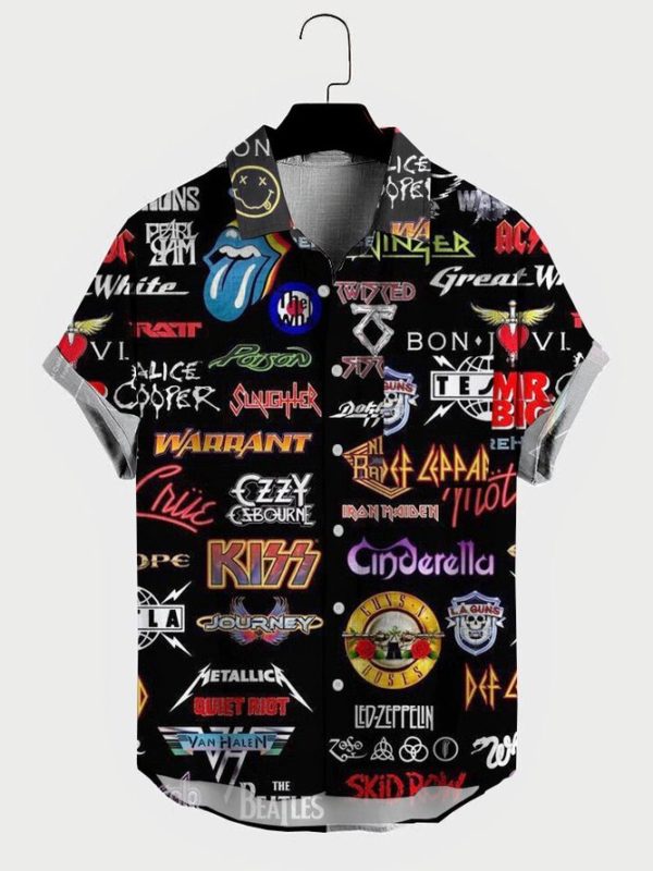 Mens Rock and Roll Punk Print Pocket Lapel Casual Loose Short Sleeve Hawaiian Shirt - Short-Sleeve Hawaiian Shirt - Black