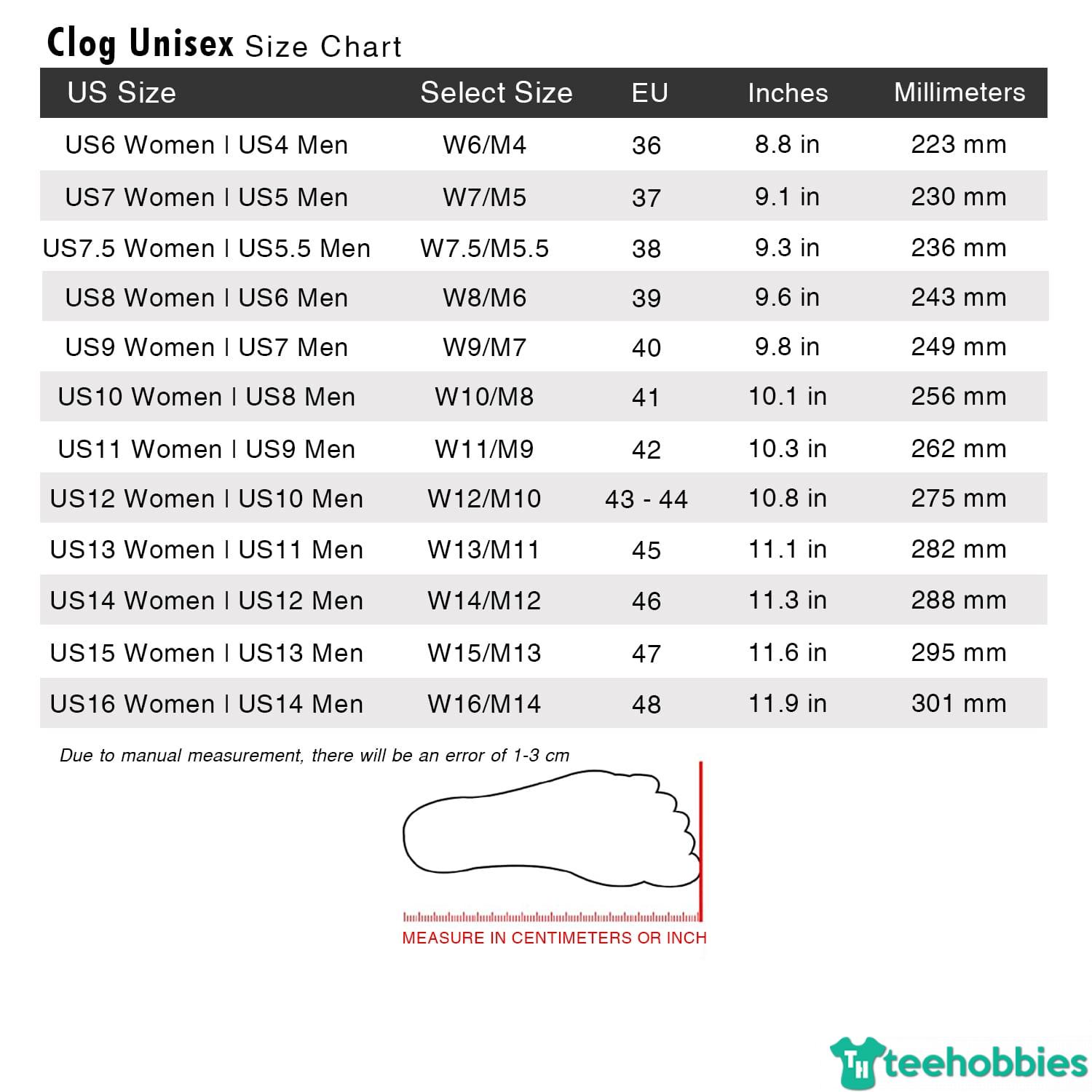 M11 discount size chart