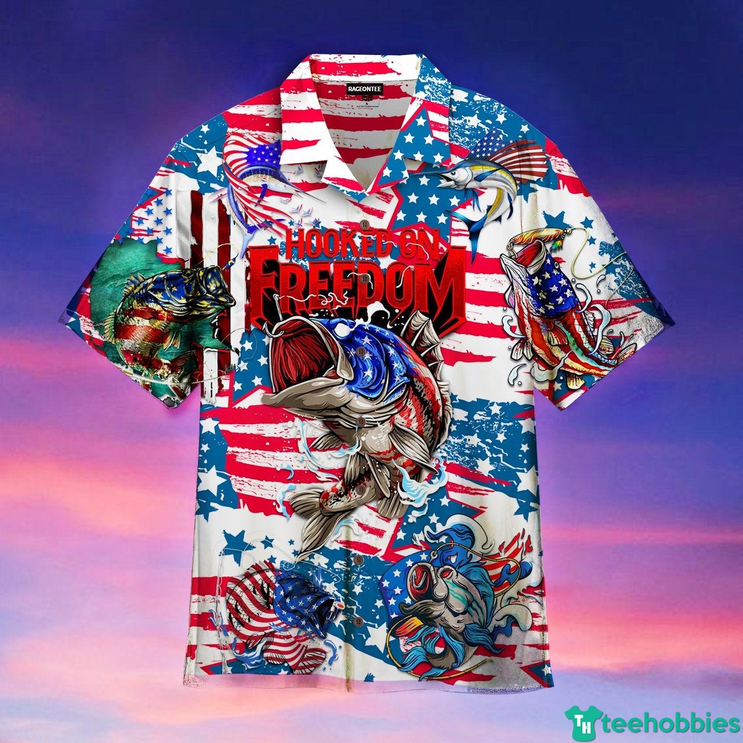 American Flag Fishing Hooked On Freedom Fishing Lover Hawaiian Shirt