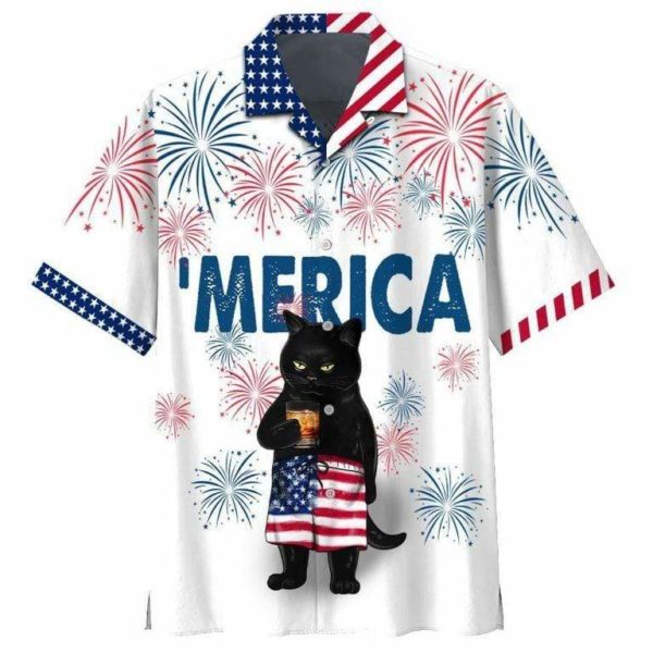 Black Cat Drink Bourbon Independence Day Hawaiian Shirt - Hawaiian Shirt - White