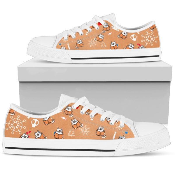 Cat And Book Low Top Shoes - Women's Shoes - White