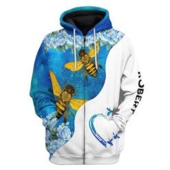 Custom Name Bee Love Blue Flower All Over Print 3D Hoodie Zip Hoodie. - 3D Zip Hoodie - Blue