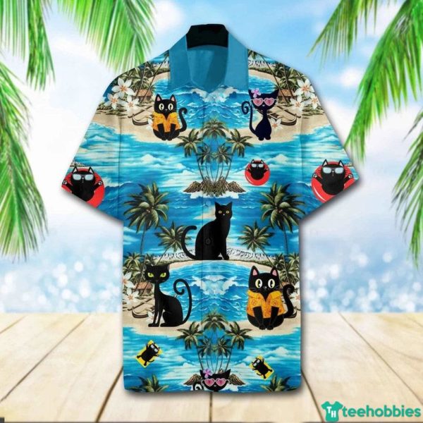 Flower Black Cat Hawaiian Shirt - Hawaiian Shirt - Blue