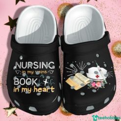 Nursing Book Lover Nurse Is Veins Book In Heart Clog Shoes - Clog Shoes - Black