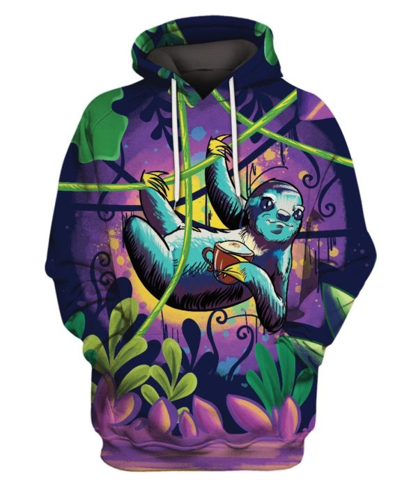 Sloth Drink Coffee All Over Print 3D Shirt - 3D Hoodie - Purple
