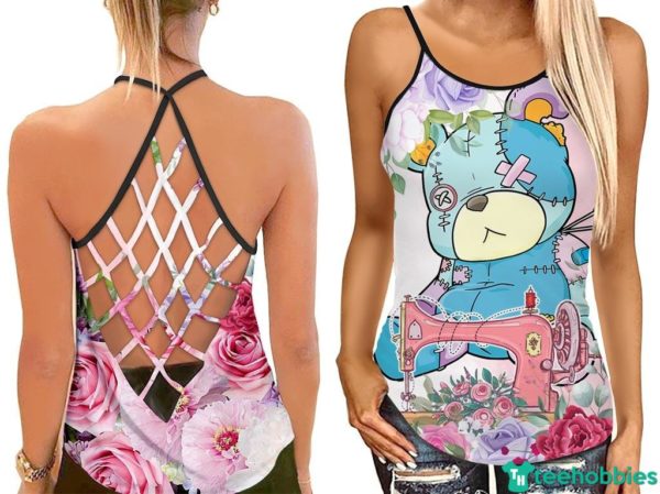 Teddy Bear Sewing Cute Teddy Hollow Tank Top - Hollow Tanktop - Blue