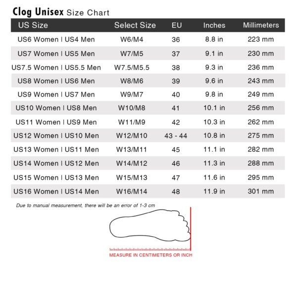 Clog Unisex Size Chart Updated 1500x1500 min 43 600x600px Black Cat Flower Clog Shoes