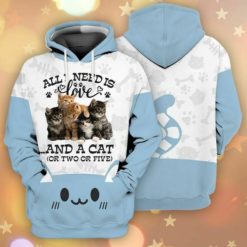 All I Need Is Love And A Cat All Over Print 3D Hoodie - 3D Hoodie - Light Blue