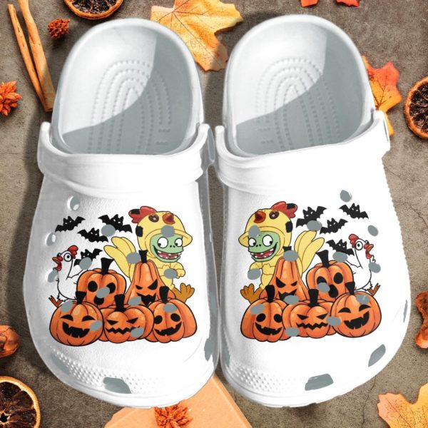 Chicken Dinosaur With Scary Pumpkin Halloween Clog Shoes - Clog Shoes - White