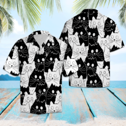 Cute Black And White Cat Hawaiian Shirt - Hawaiian Shirt - Black