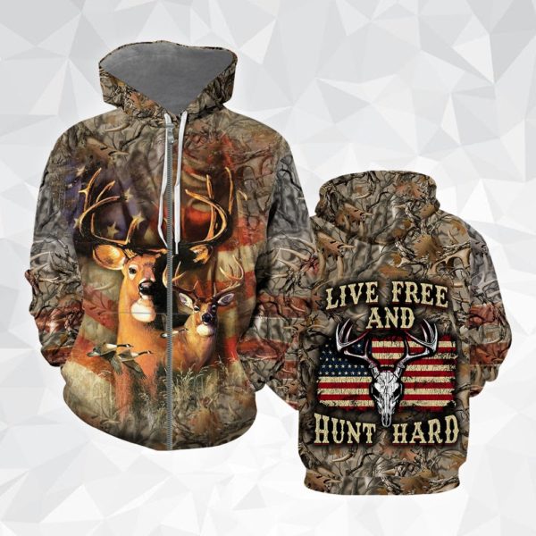 Deer Hunting Live Free And Hunt Hard 3D All Over Print Shirt - 3D Zip Hoodie - Red