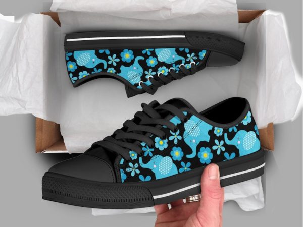 Floral Elephant And Blue Flower Best Gift Low Top Shoes - Men's Shoes - Black