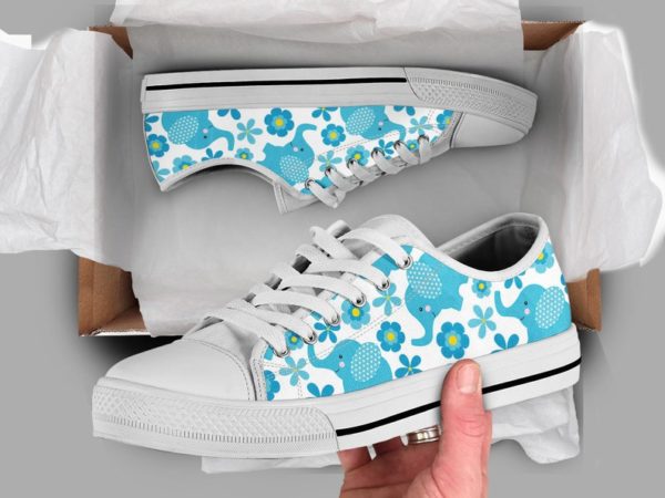 Floral Elephant And Blue Flower Best Gift Low Top Shoes - Women's Shoes - White