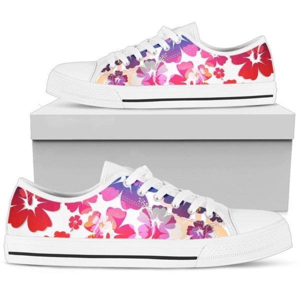 Flowers Floral Red Pink Purple Low Top Shoes For Men And Women - Women's Shoes - White