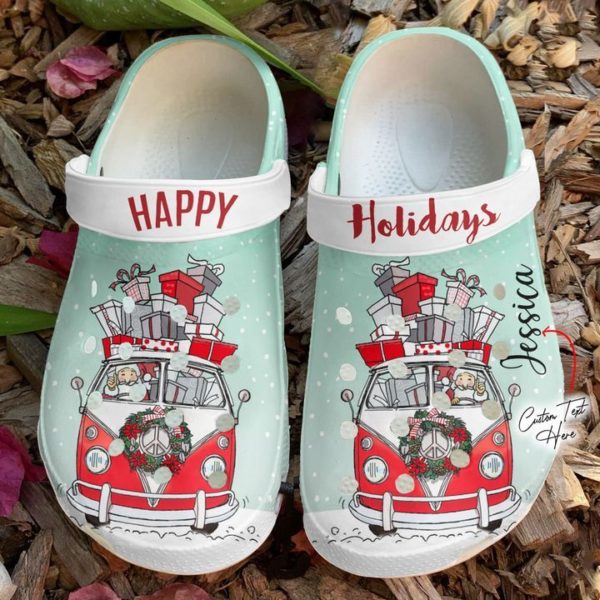 Hippie Personalized Name Happy Holidays Clog Shoes - Clog Shoes - White