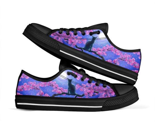Japanese Sakura Black Cat With Moon Low Top Shoes - Men's Shoes - Purple