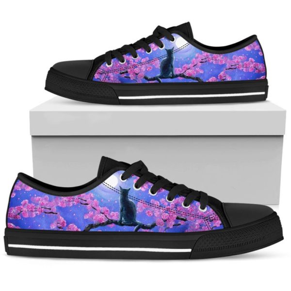 Japanese Sakura Black Cat With Moon Low Top Shoes - Women's Shoes - Purple