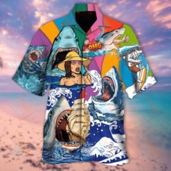 OMG! Funny Sea Hippie Sharks On Sea Hawaiian Shirt - Short-Sleeve Hawaiian Shirt - Blue