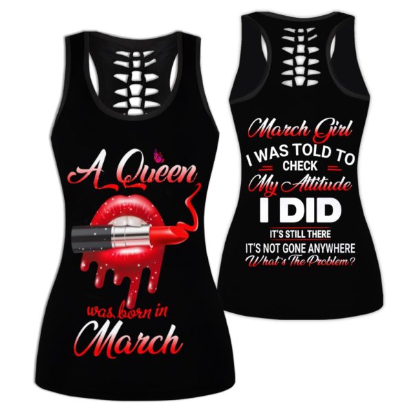 Personalized Name March Girl A Queen Was Born In March All Over Print 3D Shirt Legging - Hollow Tanktop - Black