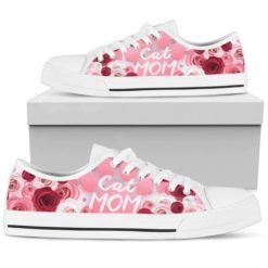 Rose Flower And Cat Mom Low Top Shoes - Women's Shoes - White