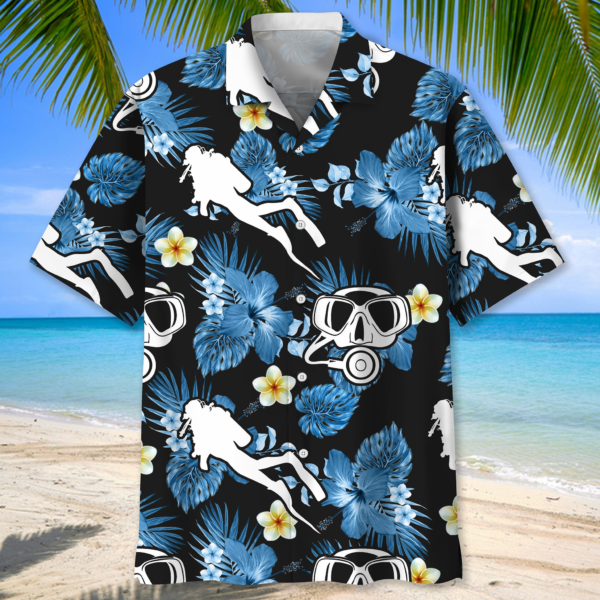 Scuba Diving Tropical Flower Summer Holiday Hawaiian Shirt - Short-Sleeve Hawaiian Shirt - Blue