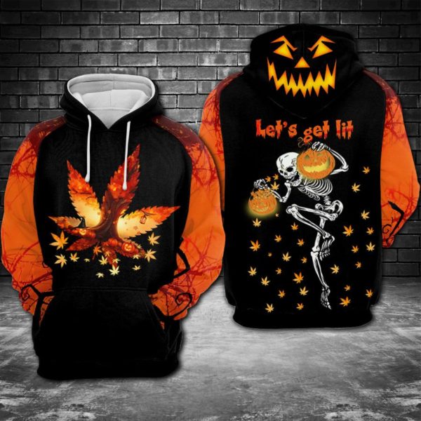 Skull Halloween Weed Let’s Get Lit All Over Print 3D Hoodie Zip Hoodie - 3D Hoodie - Black