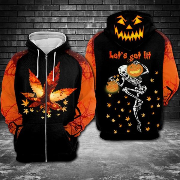 Skull Halloween Weed Let’s Get Lit All Over Print 3D Hoodie Zip Hoodie - 3D Zip Hoodie - Black