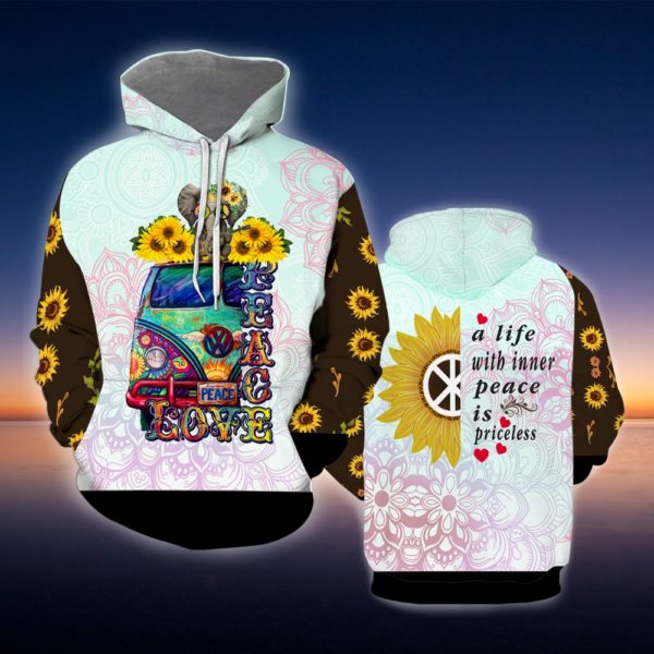 Sunflower Peace Love Bus Elephant All Over Print 3D Shirt - 3D Hoodie - Yellow