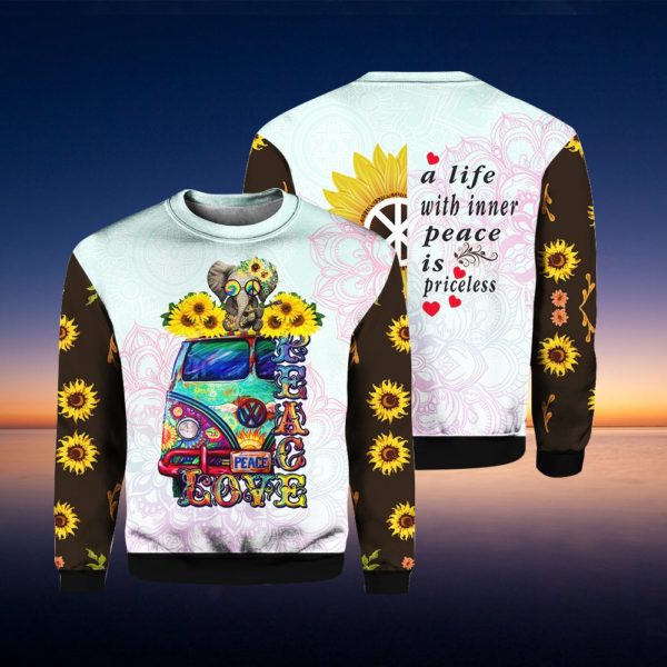 Sunflower Peace Love Bus Elephant All Over Print 3D Shirt - 3D Sweatshirt - Yellow