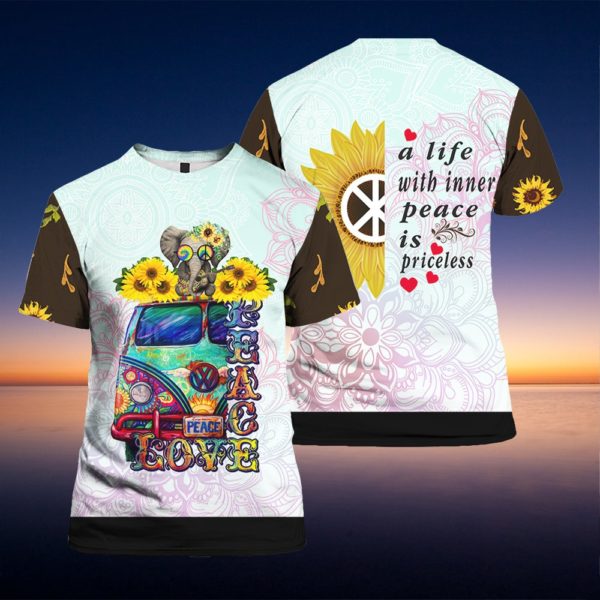 Sunflower Peace Love Bus Elephant All Over Print 3D Shirt - 3D T-Shirt - Yellow