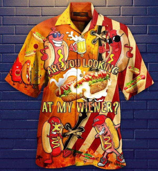 Funny BBQ Party Are You Looking At My Wiener Hawaiian Shirt - Short-Sleeve Hawaiian Shirt - Red