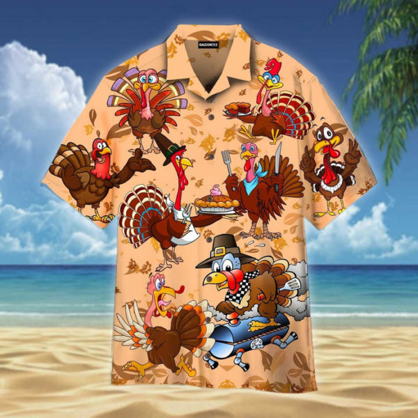 Funny Turkeys Thanksgiving Hawaiian Shirt - Short-Sleeve Hawaiian Shirt - Brown