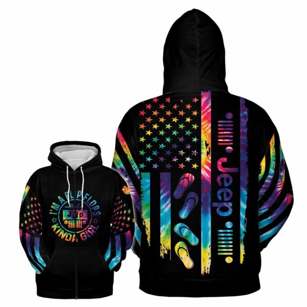 Jeep Tie Dye I’m Flip Flops And Jeep Kinda Girl All Over Print 3D Hoodie Zip Hoodie - 3D Zip Hoodie - Black