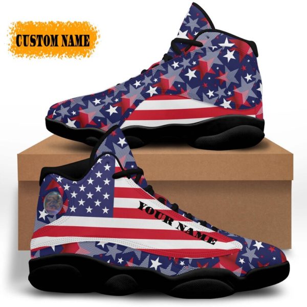 Personalized Name American Flag Star Air Jordan 13 Shoes - Women's Air Jordan 13 - Black