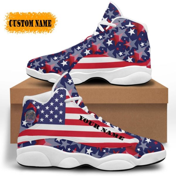 Personalized Name American Flag Star Air Jordan 13 Shoes - Women's Air Jordan 13 - White