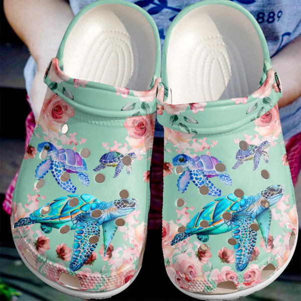 Sea Turtles With Roses Clog Shoes. - Clog Shoes - Light Blue