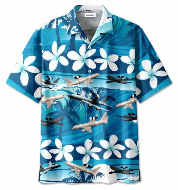 Tropical Flower Boeing E-3 Sentry Hawaiian Shirt - Short-Sleeve Hawaiian Shirt - Blue